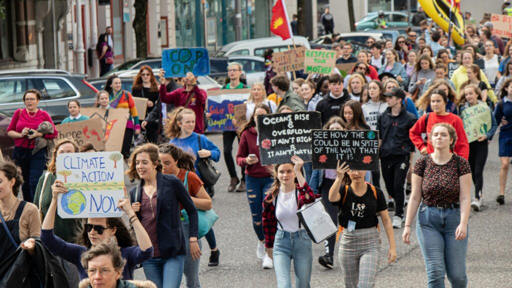 A crowd of young people marching